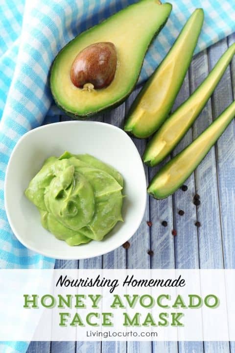 Avocado with text \"Nourishing Homemade Honey Avocado Face Mask.\"