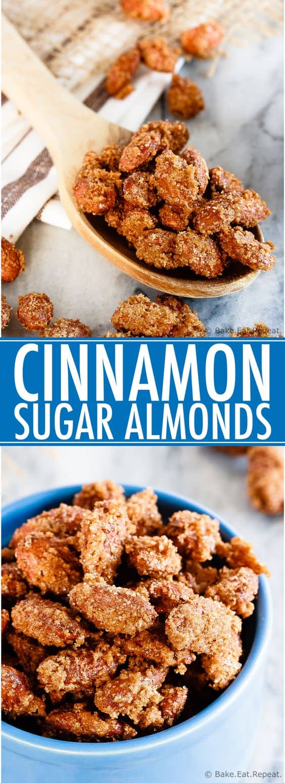 Collage with text \"Cinnamon sugar almonds.\"