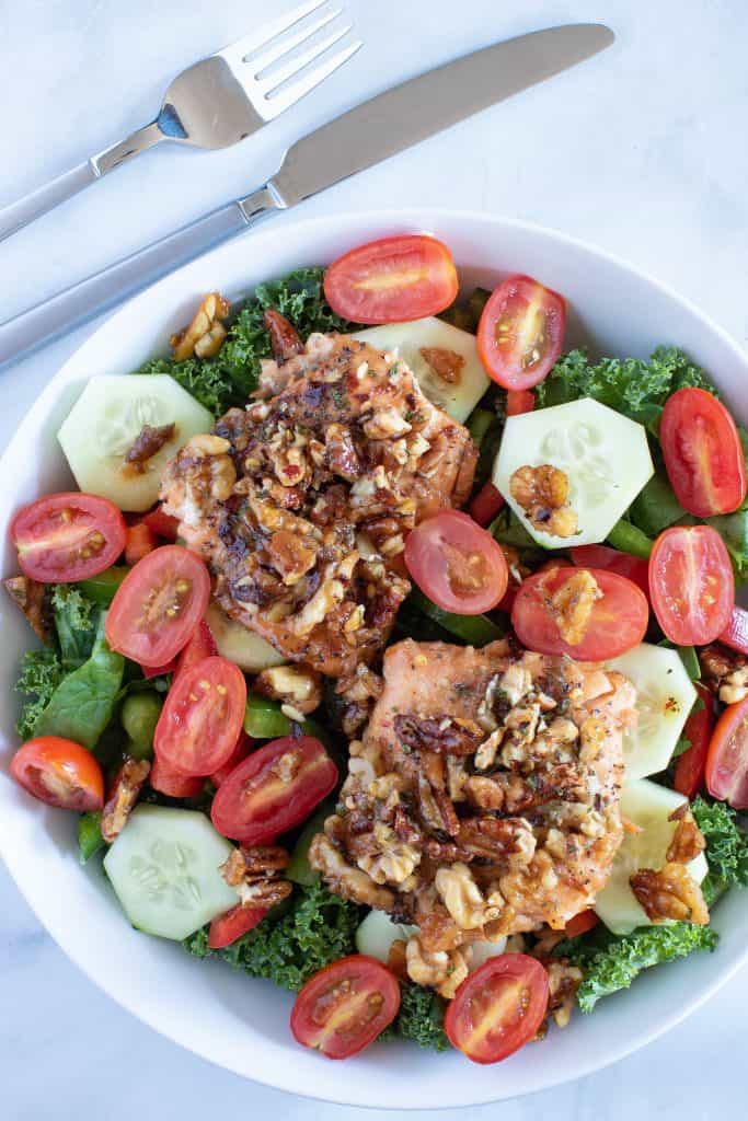 Salad: Maple Walnut + Pecan Encrusted Salmon
