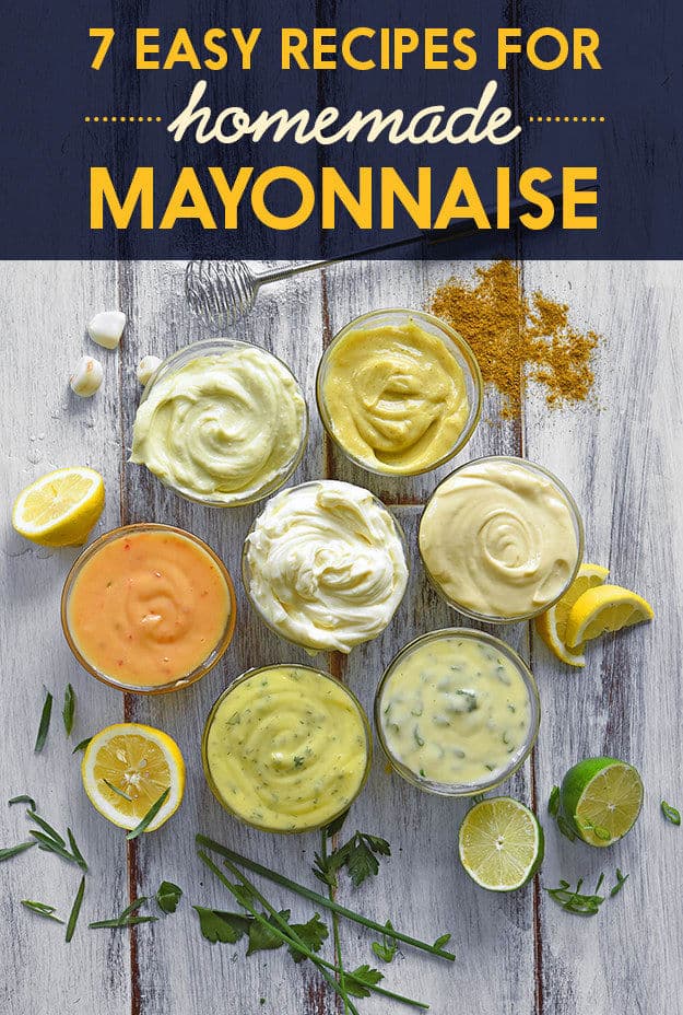 Bowls of mayonnaise with text \"7 easy recipes for homemade mayonnaise.\"
