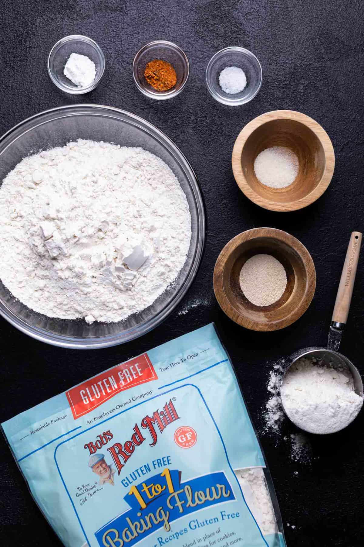 Gluten-Free Pizza ingredients including Bob\'s Red Mill baking flour.