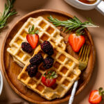 Wooden plate with Fluffy Cinnamon Vegan Belgian Waffles, fruit, and a fork.