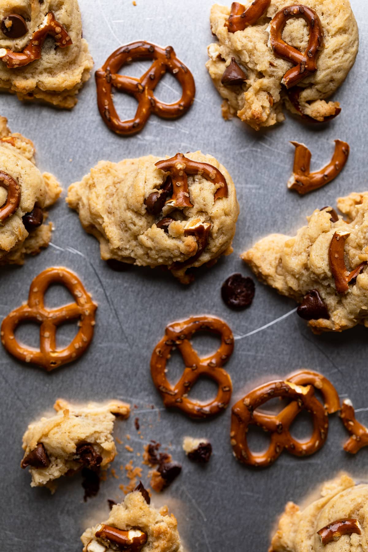 Vegan Chocolate Chip and Pretzel Cookie dough on a baking sheet.