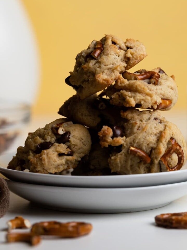 Pile of Chunky Vegan Chocolate Chip and Pretzel Cookies.