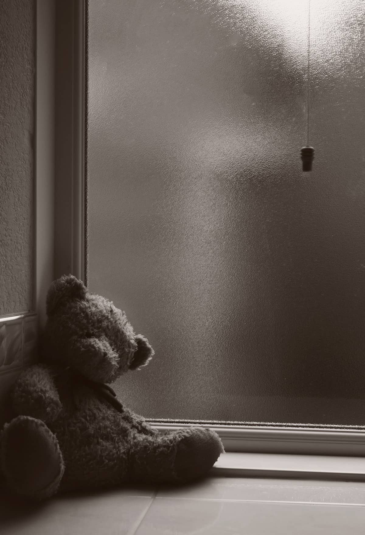 Black and white picture of a stuffed bear in front of a window.