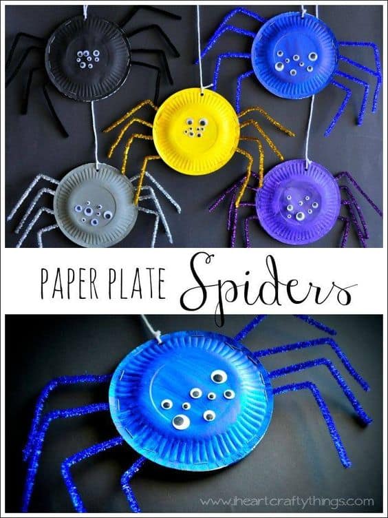 Collage with text \"Paper Plate Spiders.\"