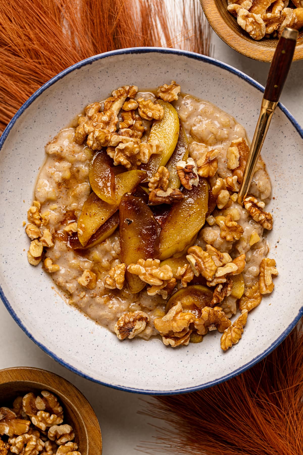 Spoon in a bowl of Apple Cinnamon Oatmeal Porridge 