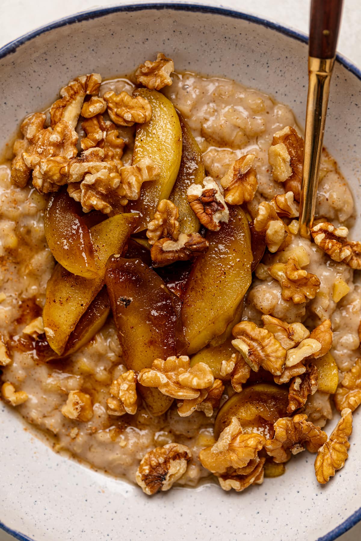 Closeup of Apple Cinnamon Oatmeal Porridge topped with cinnamon sticks, nuts, and caramelized apples