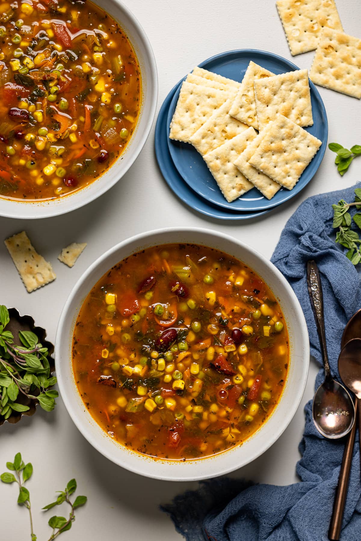 Overhead shot of bowls of Loaded Vegan Veggie Soup