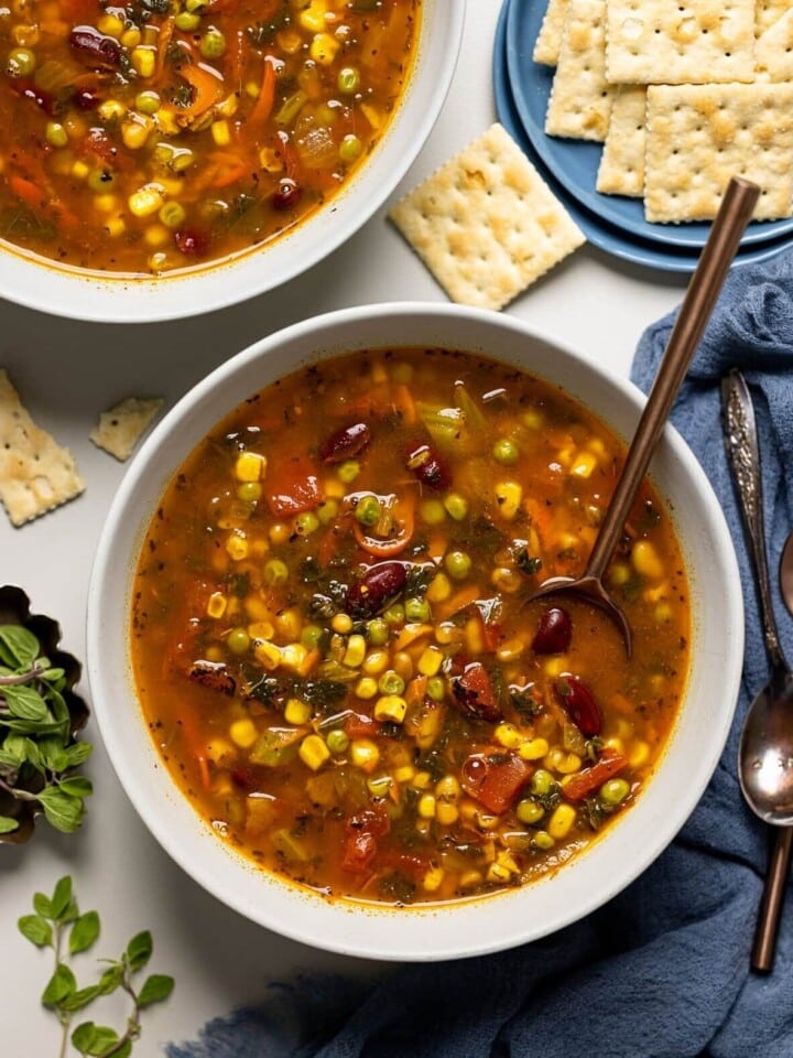 Two bowls of Loaded Vegan Veggie Soup