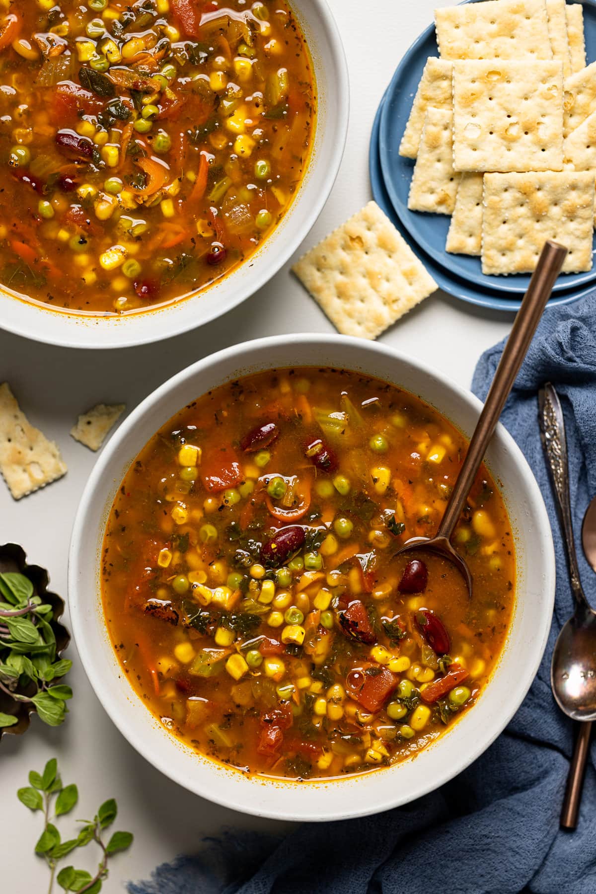 Overhead shot of bowls of Loaded Vegan Veggie Soup