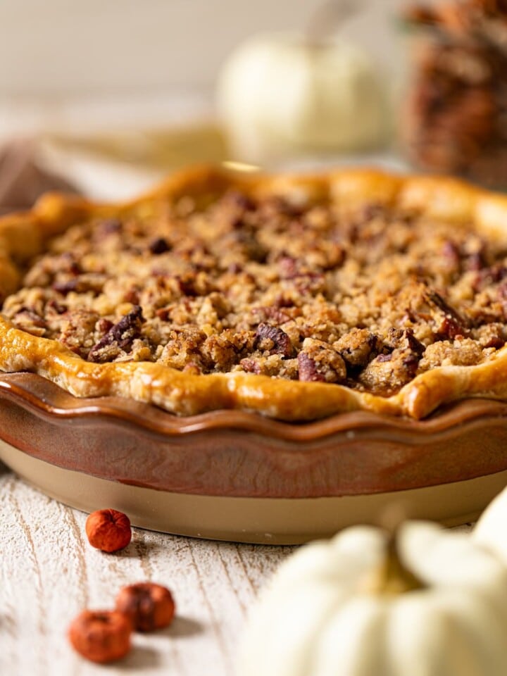 Vegan Maple Pumpkin Pie in a brown pie pan