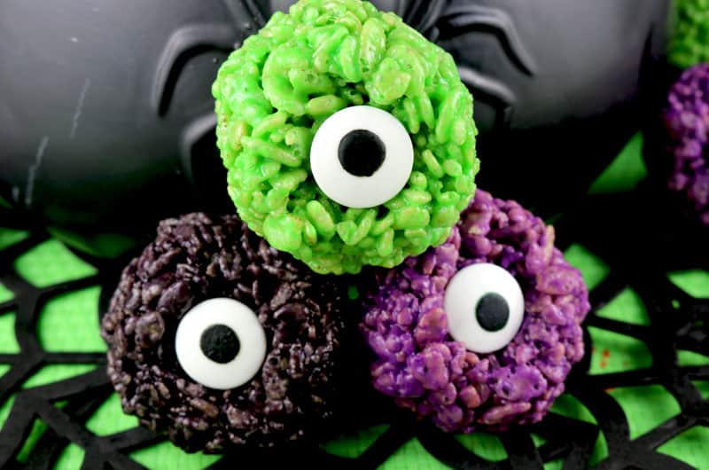 Colorful rice krispy treats in the shape of eyes.