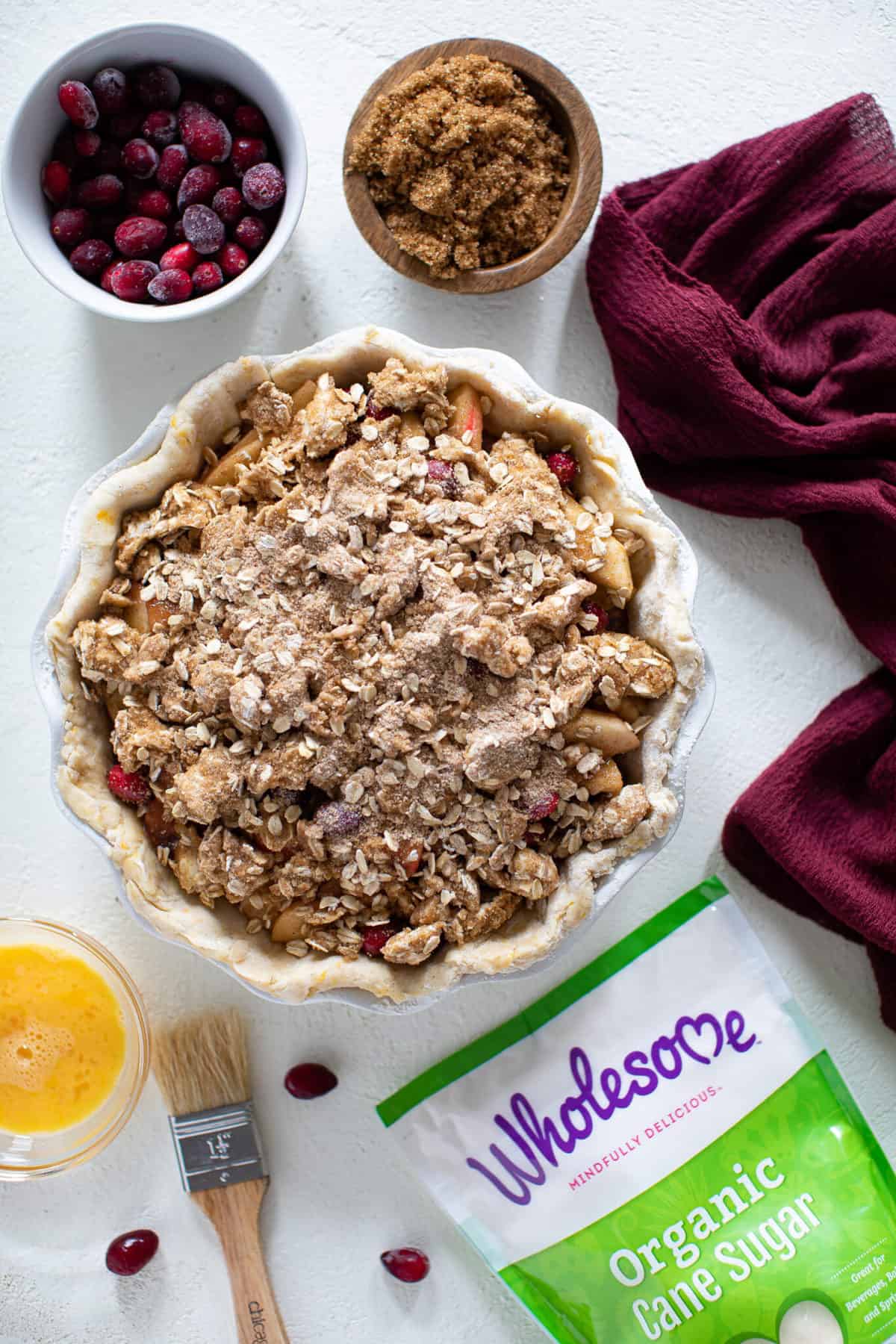 Overhead shot of Vegan Apple Cranberry Crumble Pie