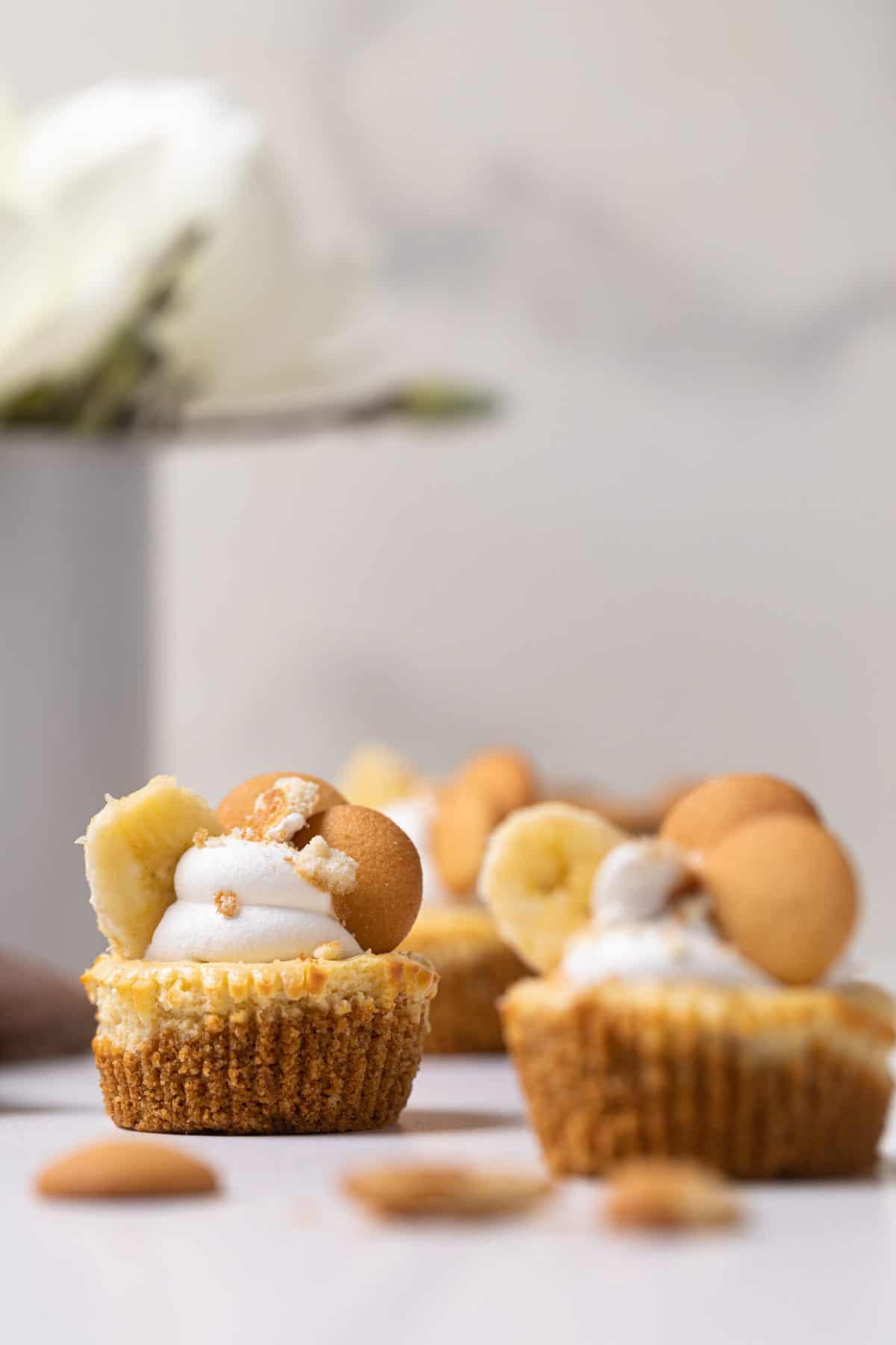 Several Banana Pudding Cheesecake Bites on a table.