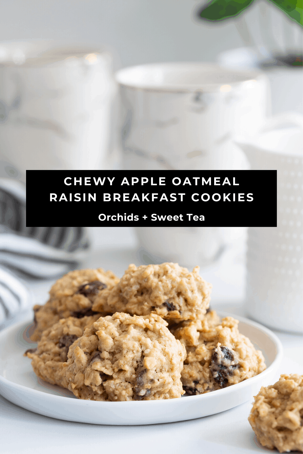 Cookies with text \"Chewy Apple Oatmeal Raisin Breakfast Cookies.\"