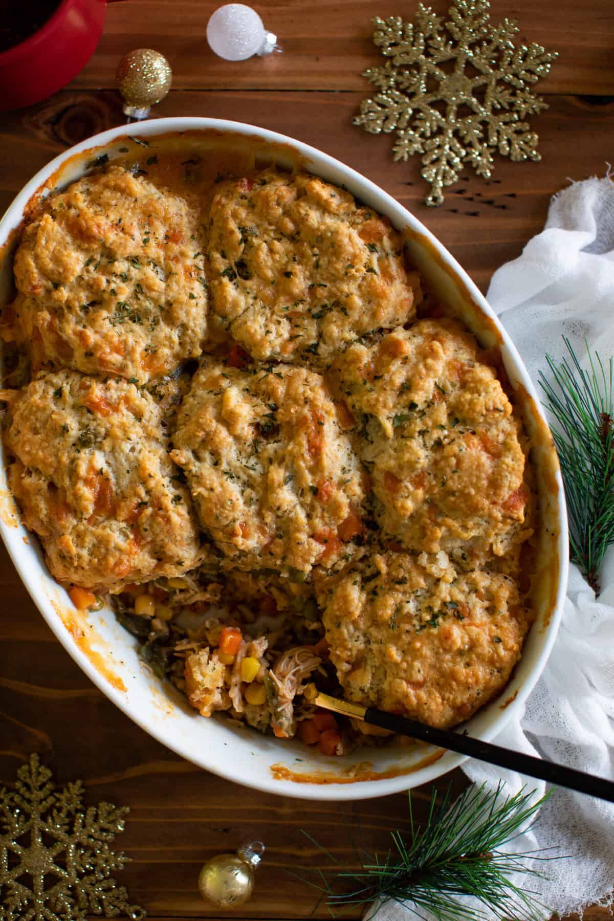 Chicken Pot Pie with Cheddar Herb Biscuits in a baking dish