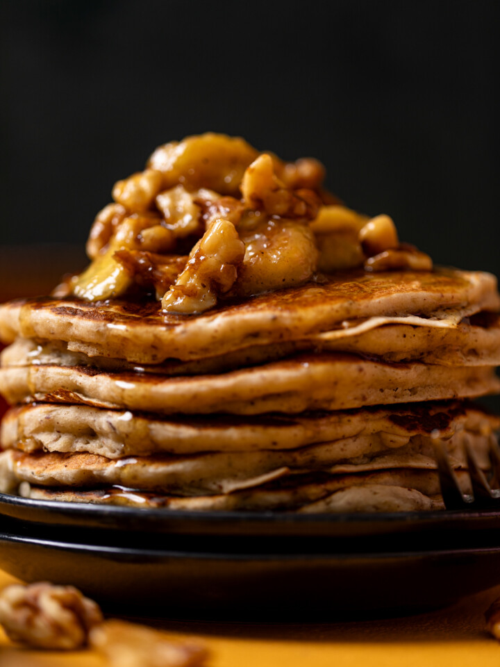 Up close shot of stacked banana bread pancakes.