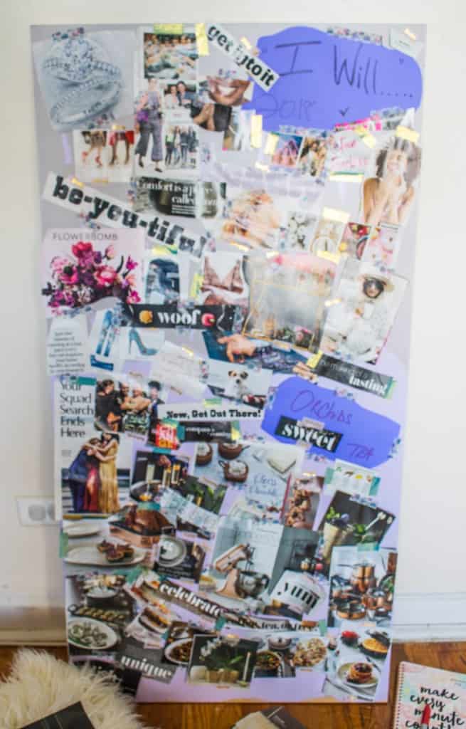 Board full of cut out pictures and text.