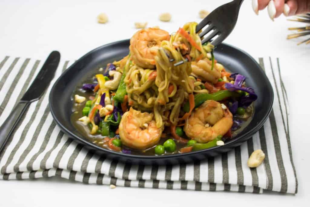 Carrot and Zucchini Noodles Stir Fry with Shrimp + Veggies