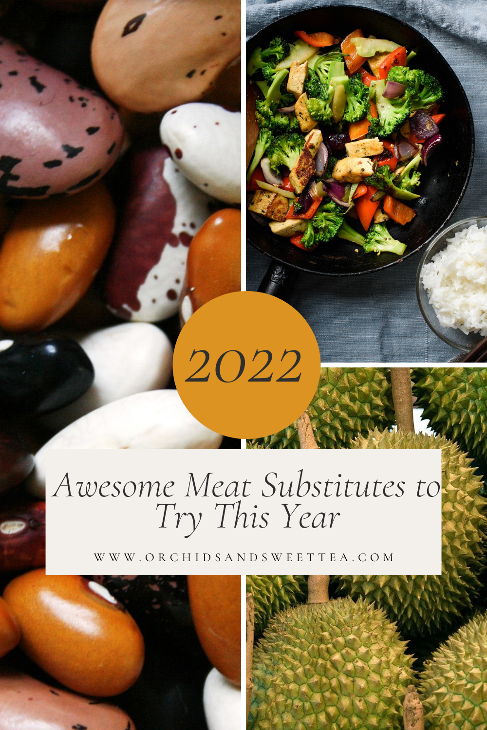 Collage with text: 2022 Awesome Meat Substitutes to Try This Year