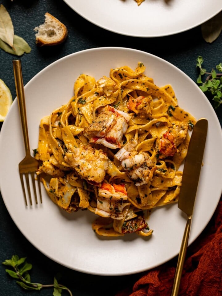 Overhead shot of Creamy Tuscan Lobster Pasta