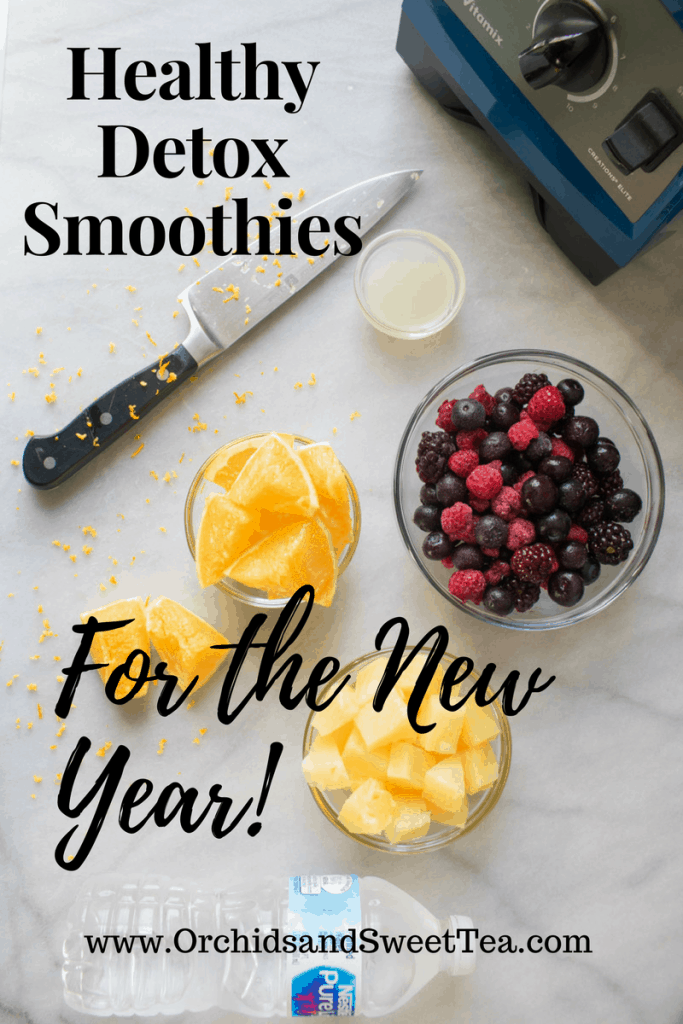 Fruit with text \"Healthy Detox Smoothies for the New Year!\"