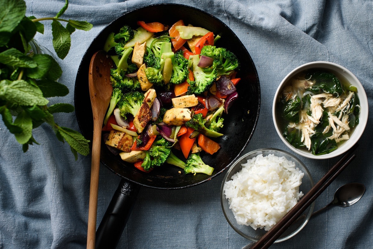 Skillet with colorful chopped vegetables