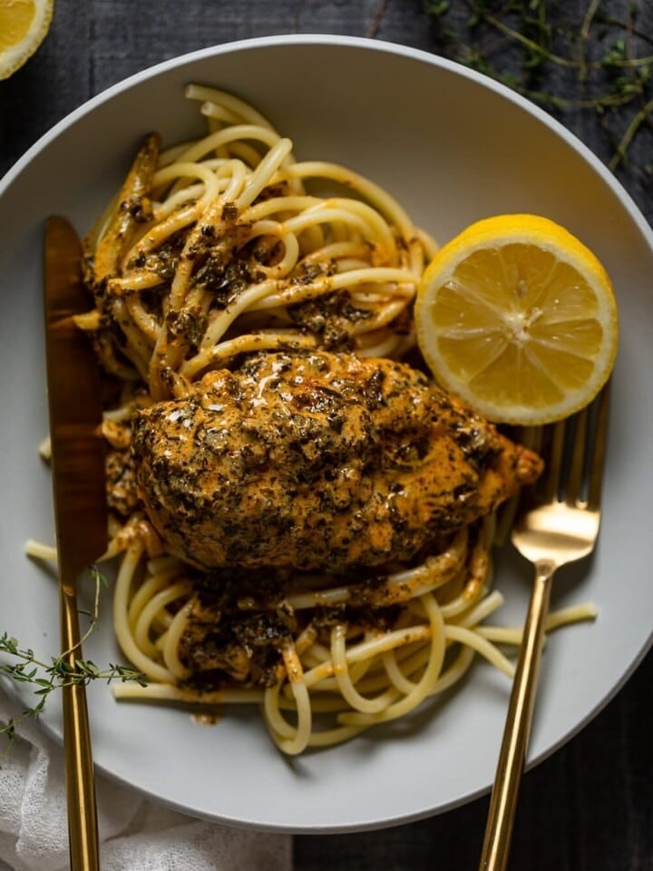 Plate of Creamy Lemon and Herb Parmesan Chicken