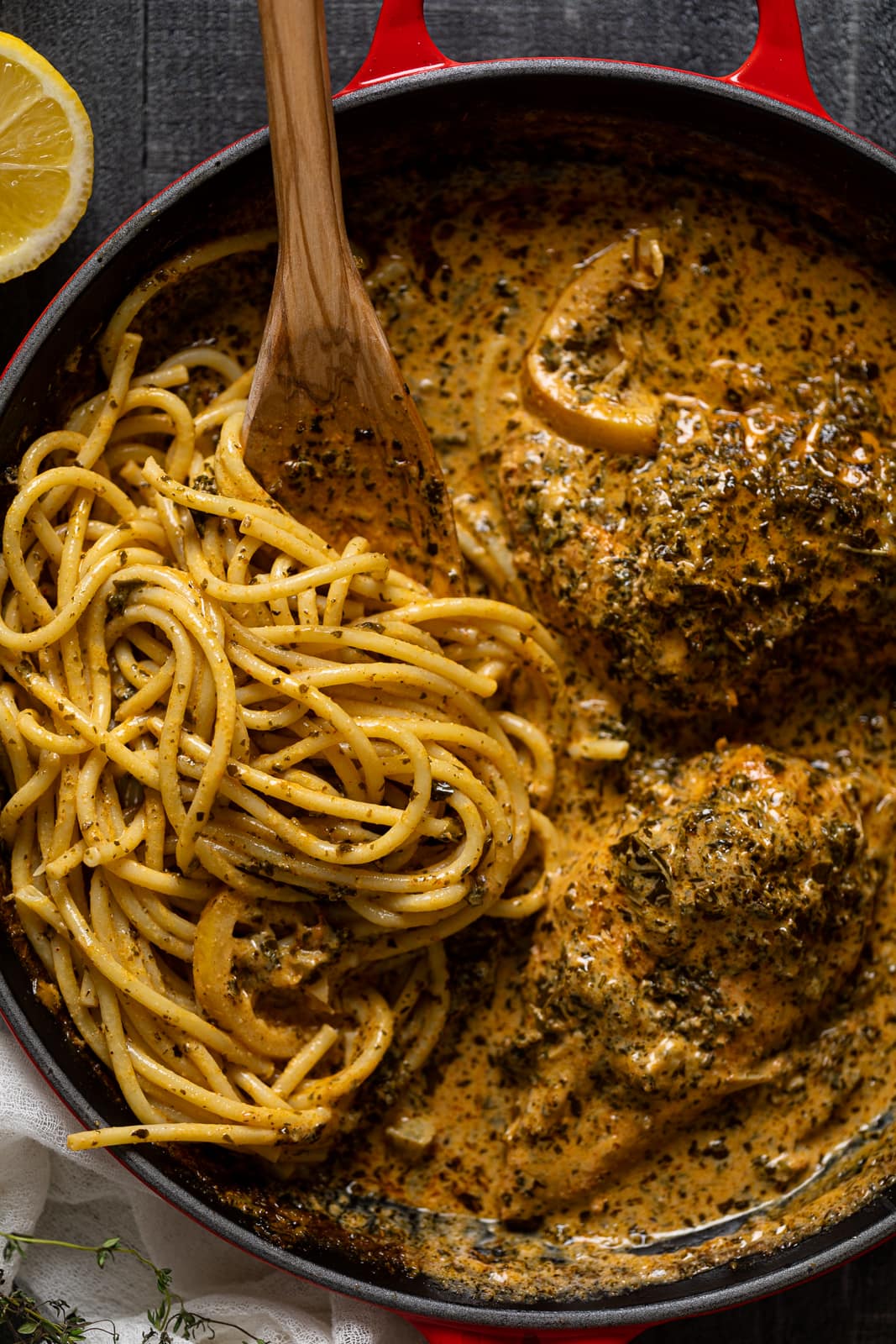 Closeup of Creamy Lemon and Herb Parmesan Chicken with noodles