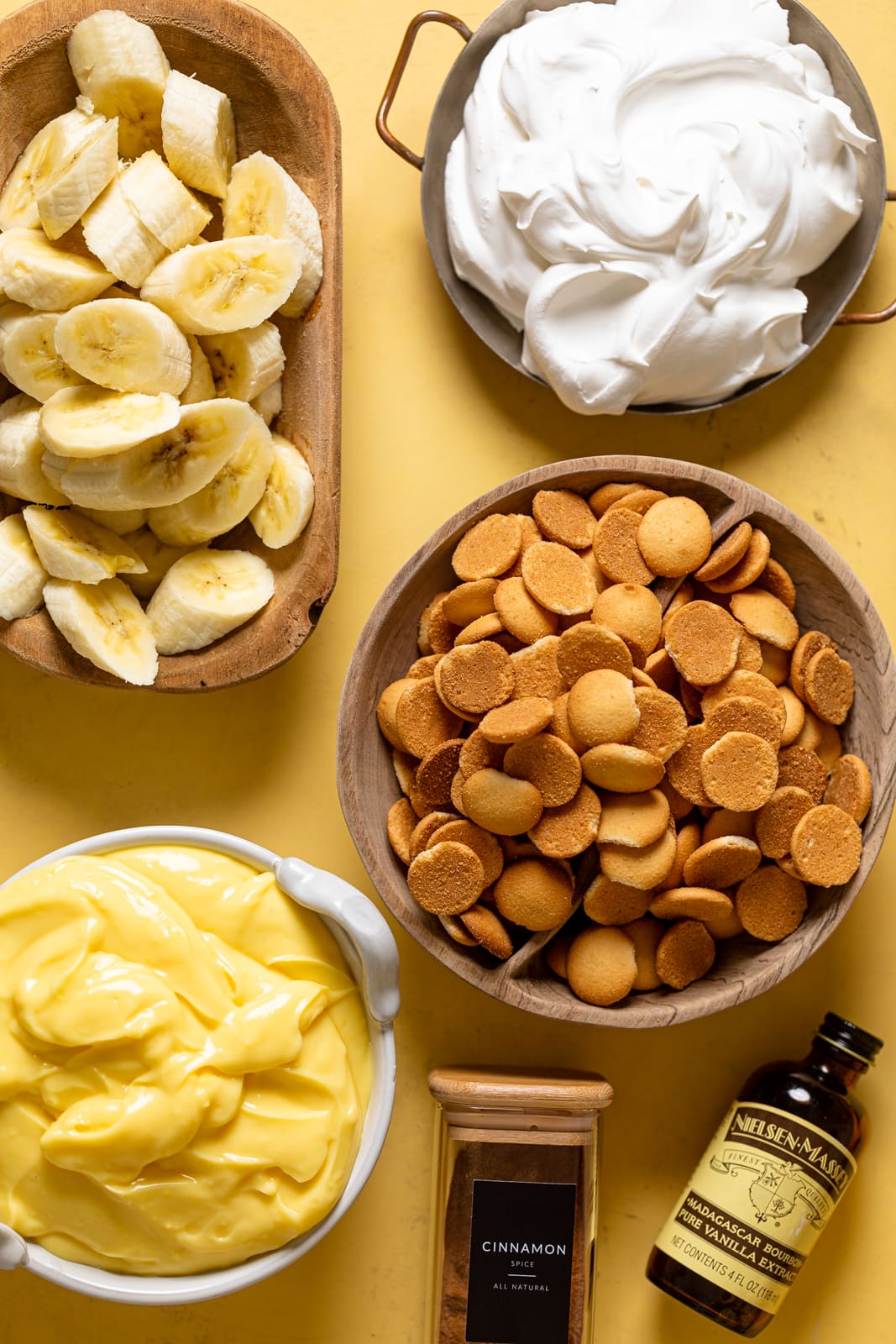 Ingredients for Southern Banana Pudding including Nilla wafers, vanilla extract, and cinnamon