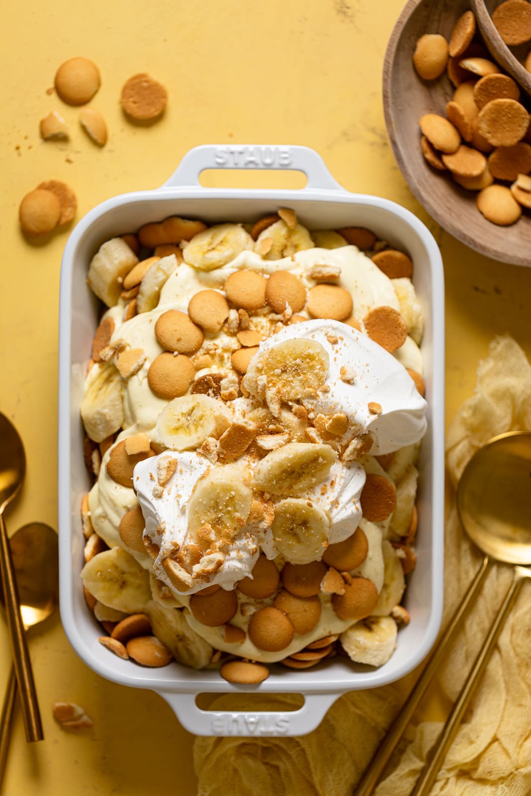 Overhead shot of a serving pan of Southern Banana Pudding