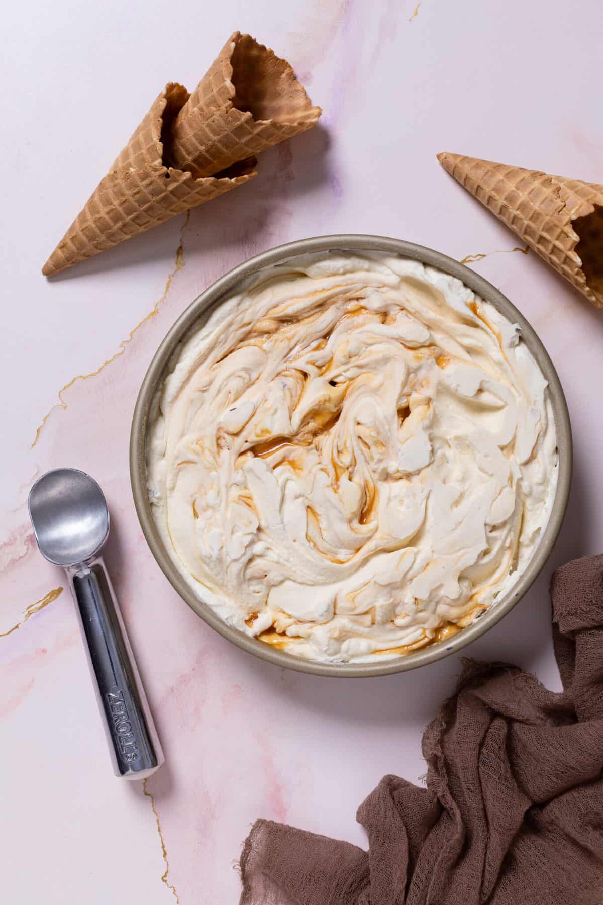 No-Churn Caramel Cone Ice Cream in a round dish.