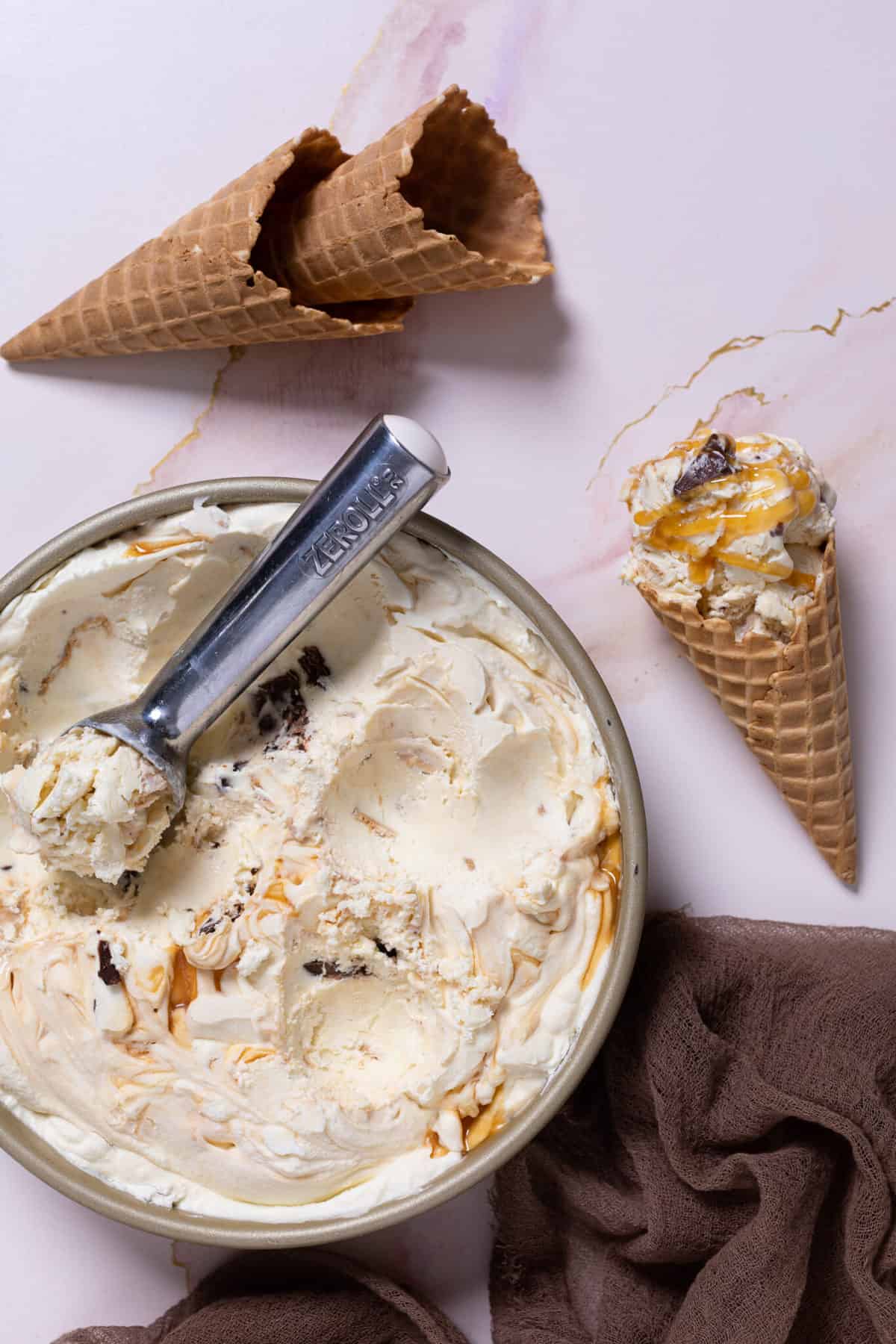No-Churn Caramel Cone Ice Cream