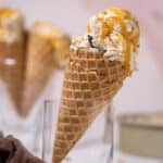 No-Churn Caramel Ice Cream in a cone.