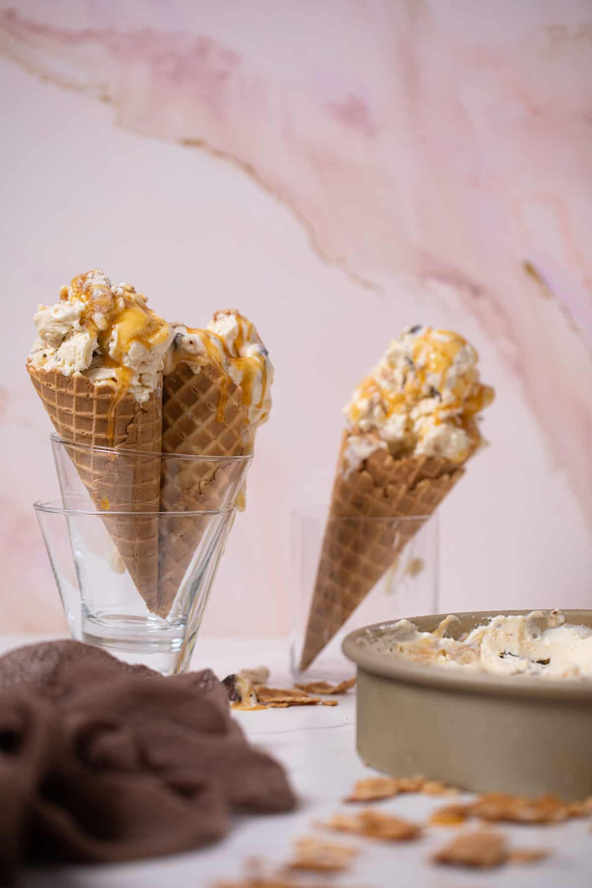 No-Churn Caramel Cone Ice Cream in cones and in a dish.