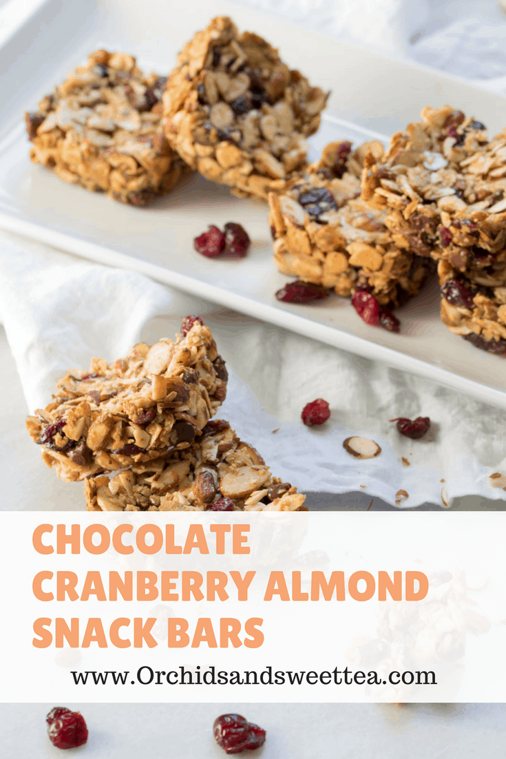 Snack bars with text \"Chocolate Cranberry Almond Snack Bars.\"