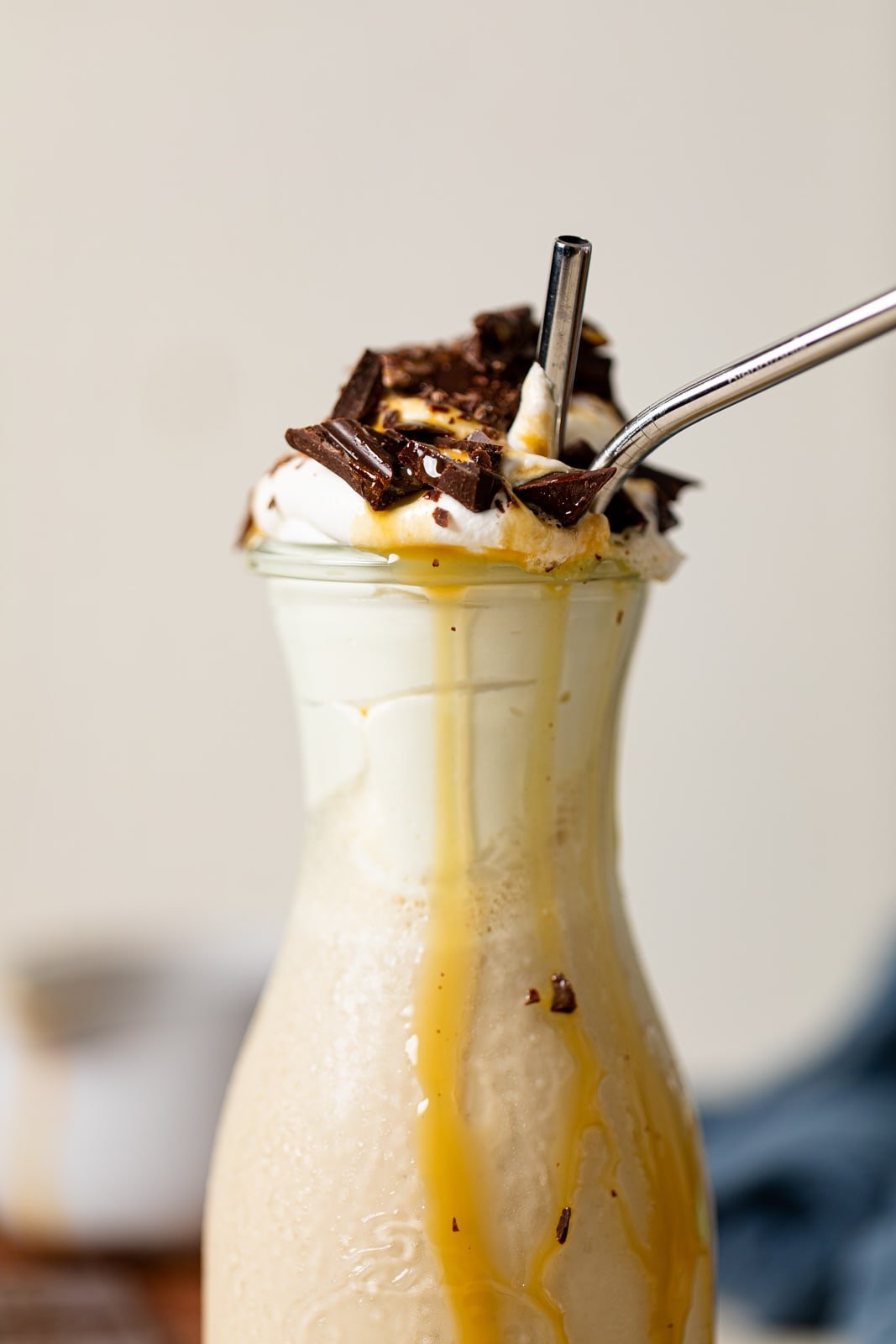 Closeup of Salted Caramel Chunky Milkshake with a straw