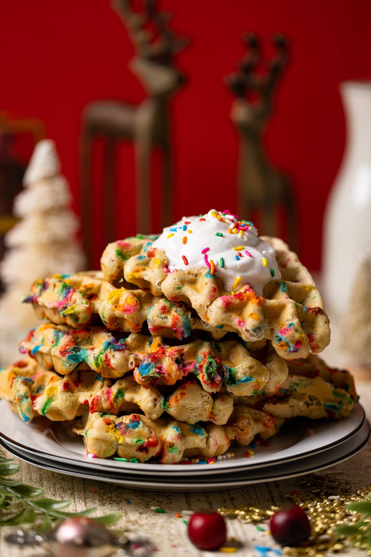 Closeup of a stack of Funfetti Oatmeal Vegan Waffles