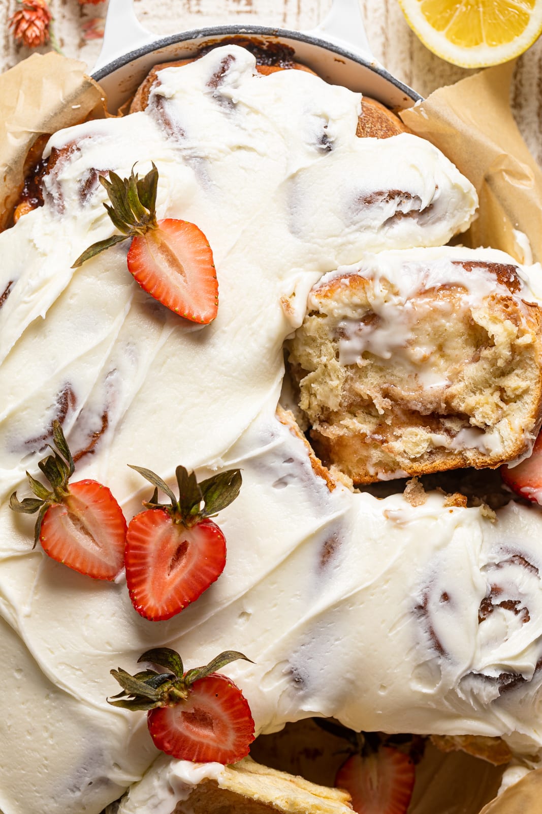 Closeup of Strawberry Sweet Rolls with Lemon Cream Cheese Glaze