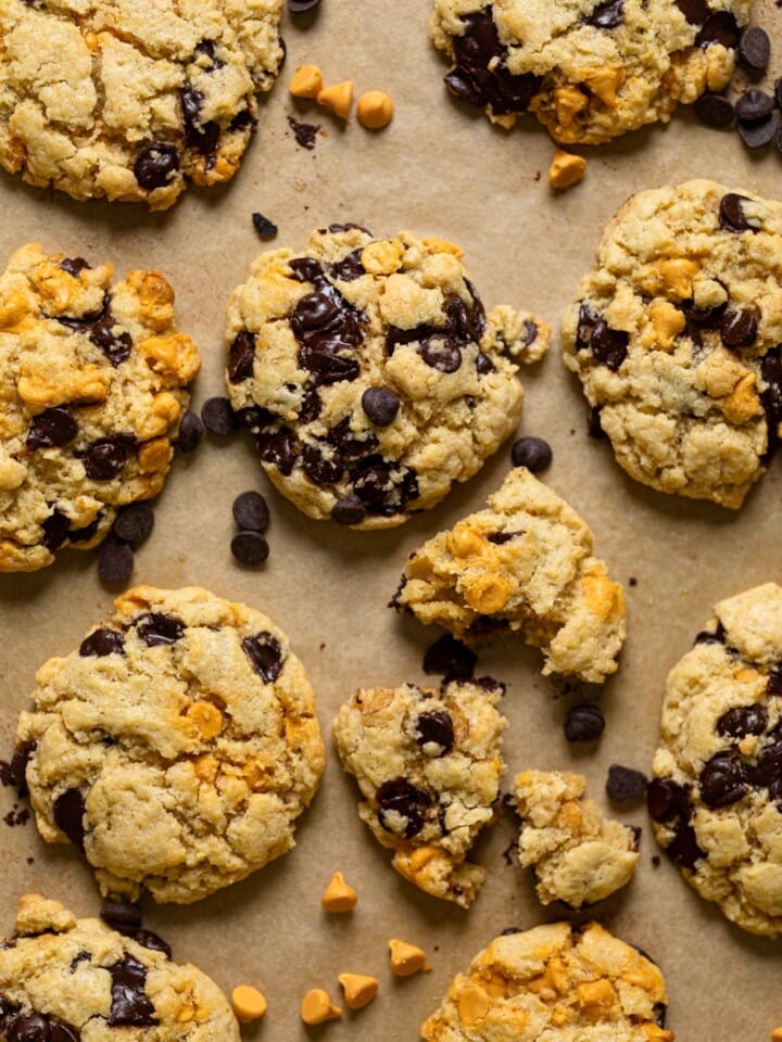 Crinkled Chocolate Chip Butterscotch Cookies on parchment paper