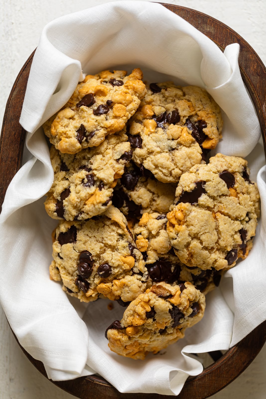 Closeup of a bowl of Crinkled Chocolate Chip Butterscotch Cookies