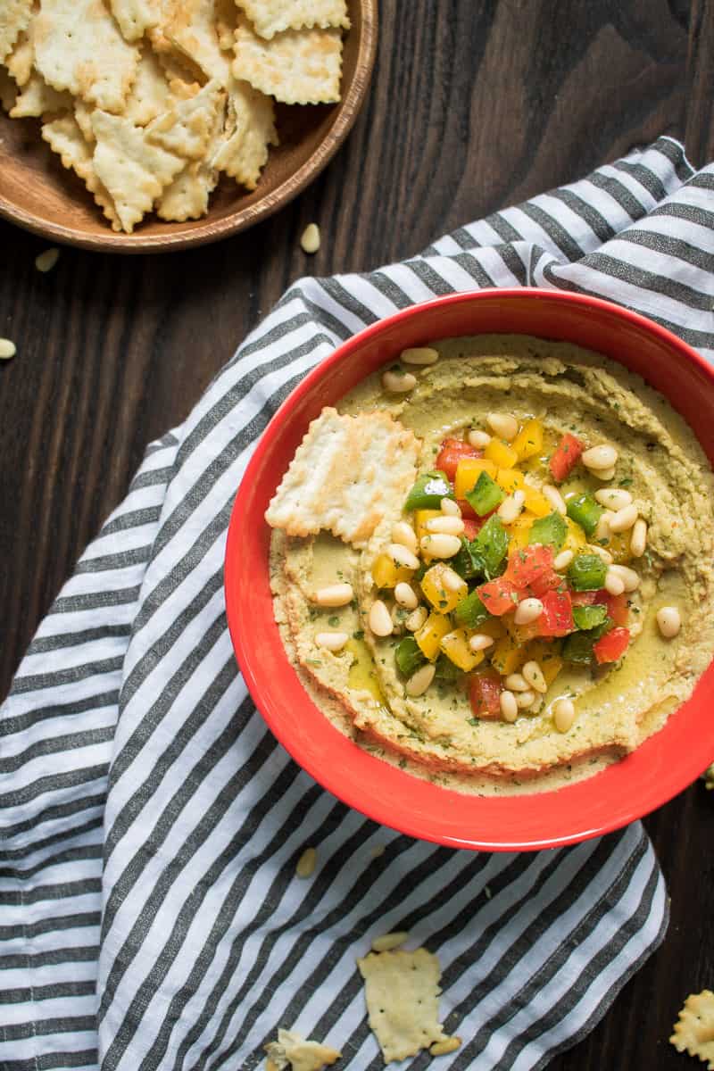 Avocado Hummus with Peppers + Pine Nuts