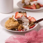 Maple Whole Wheat Oatmeal Strawberry Shortcake on a plate with a fork.