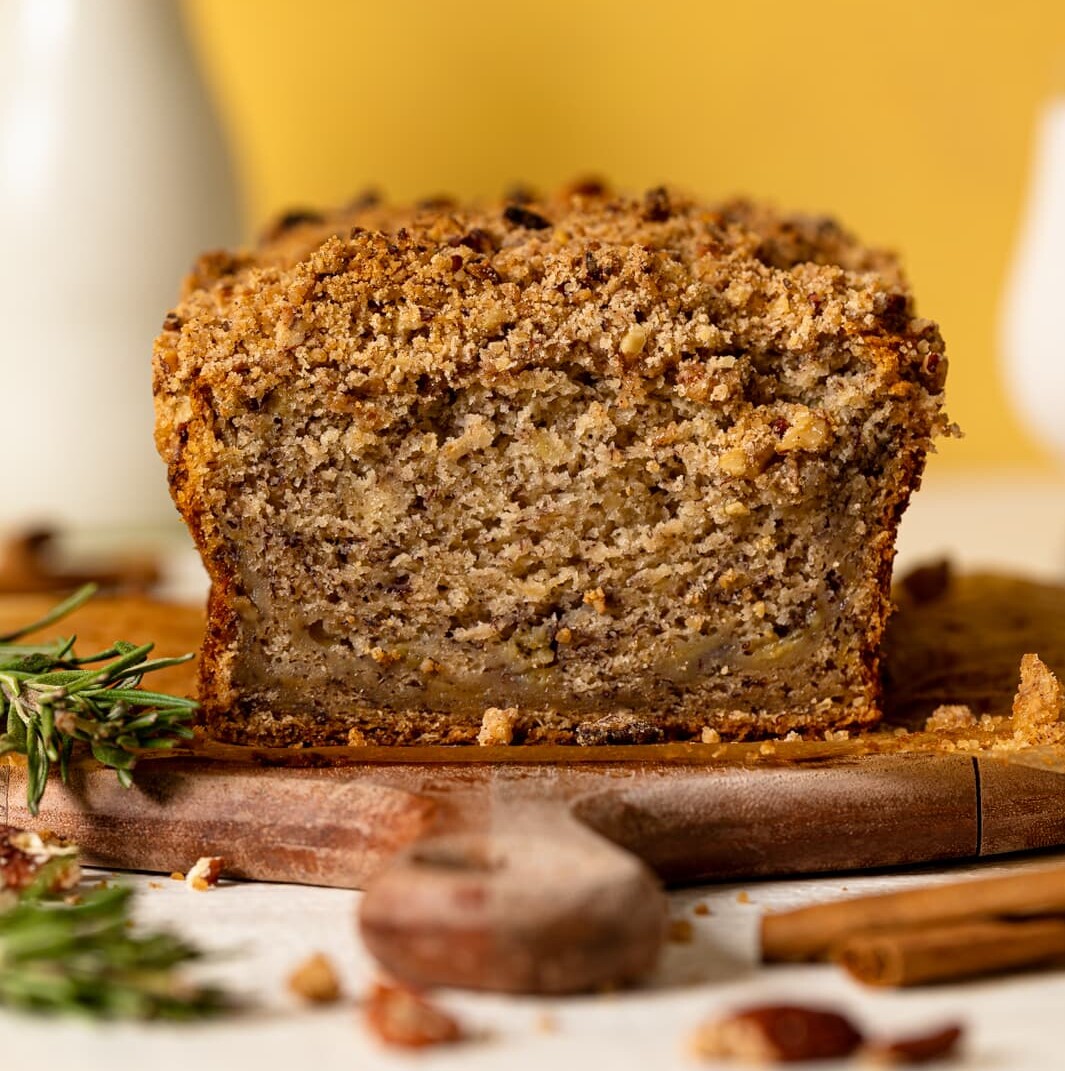 Loaf of Vegan Cinnamon Crunch Banana Bread with an end sliced off