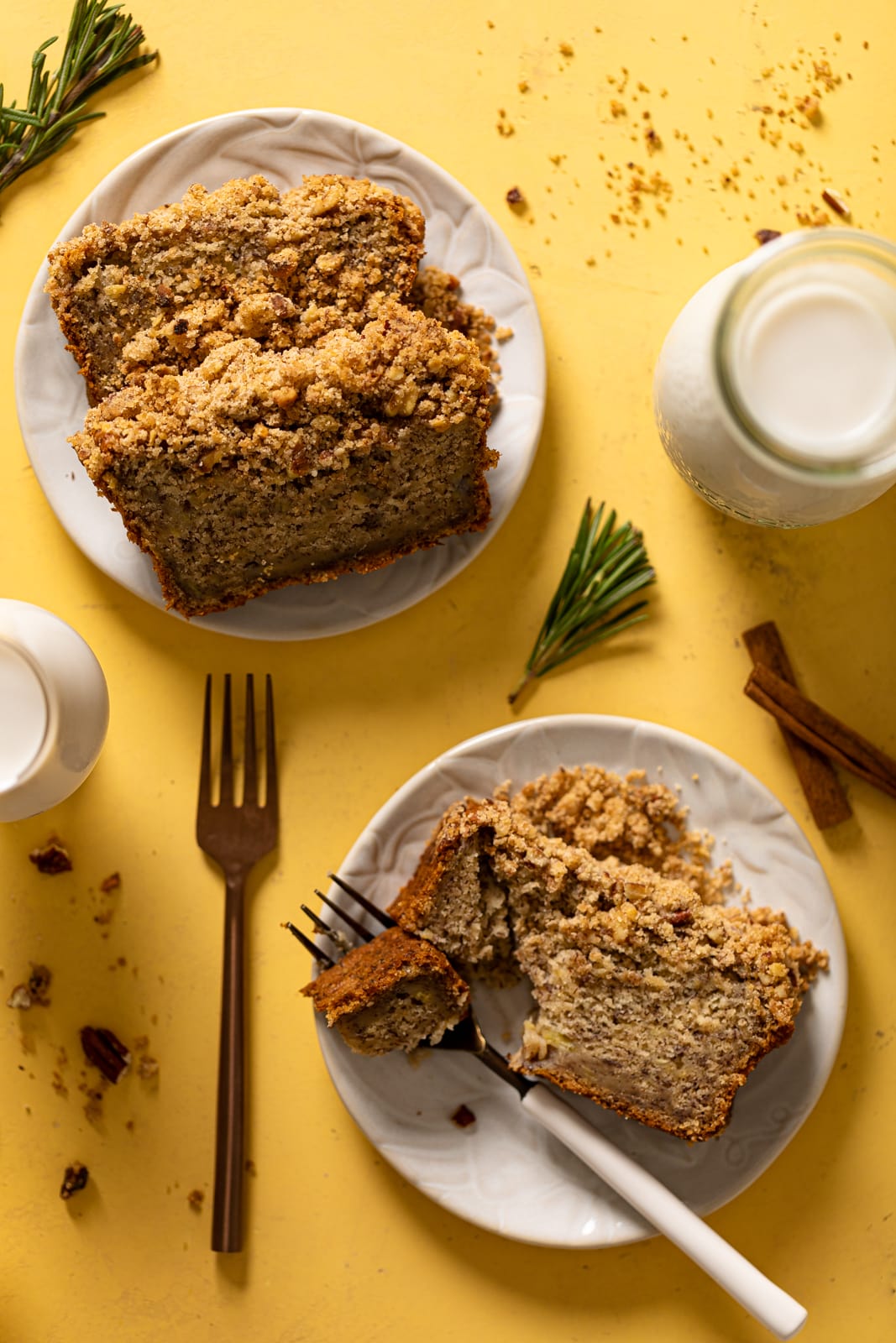 Slices of Vegan Cinnamon Crunch Banana Bread on plates