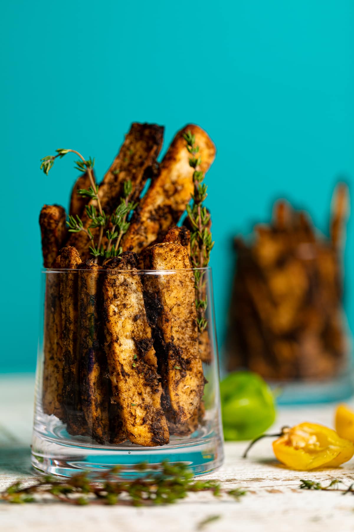 Glass stuffed with Crispy Baked Jerk Potato Wedges