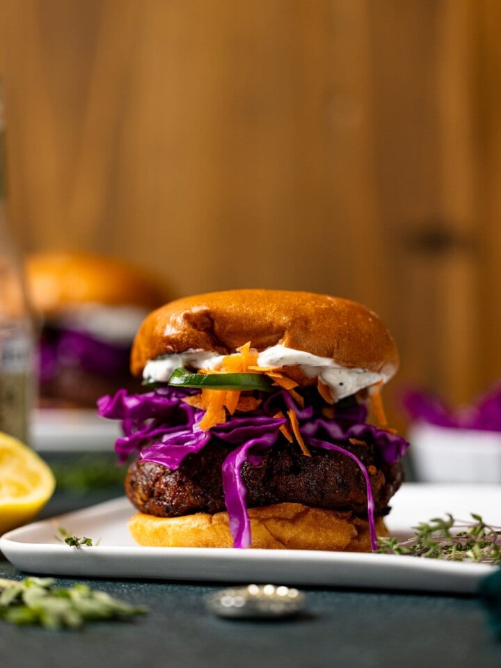 BBQ Jerk Salmon Burger on a plate