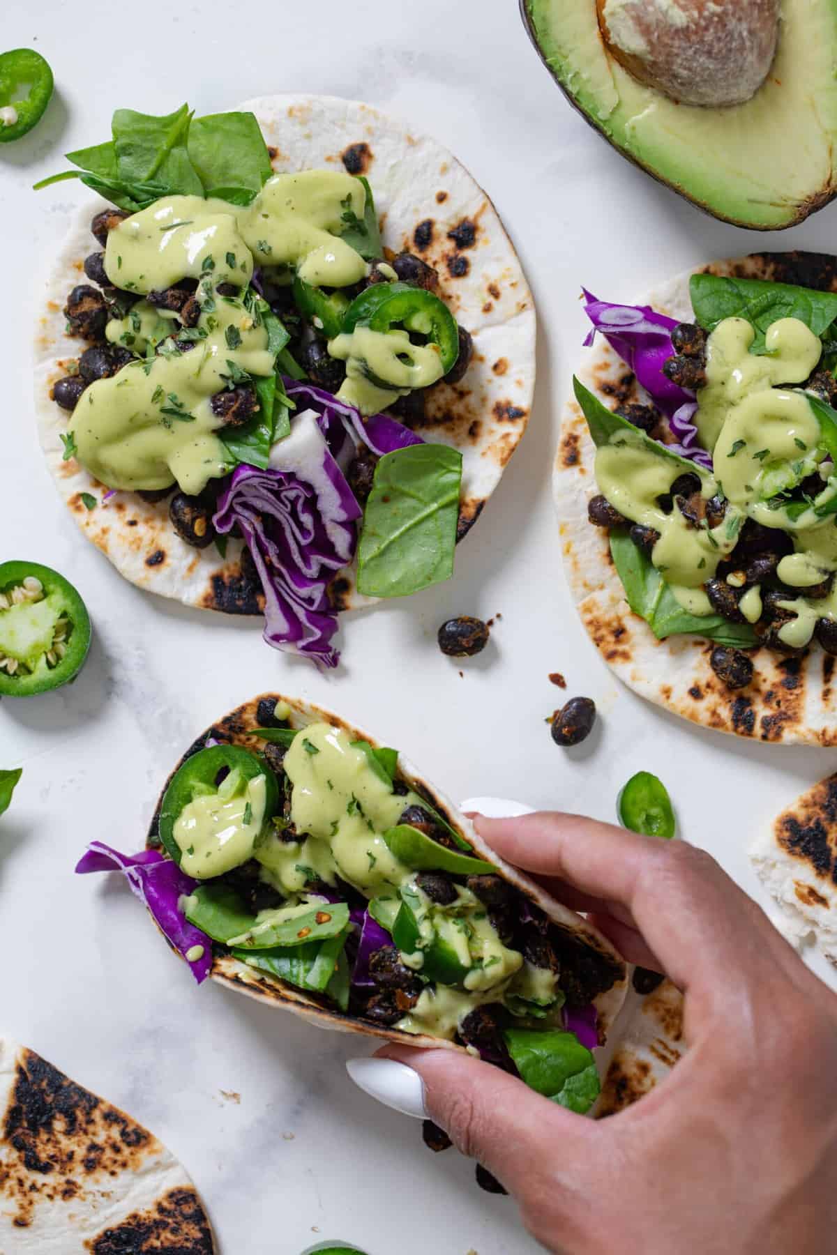 Black Bean Tacos + Avocado Basil Mango Sauce