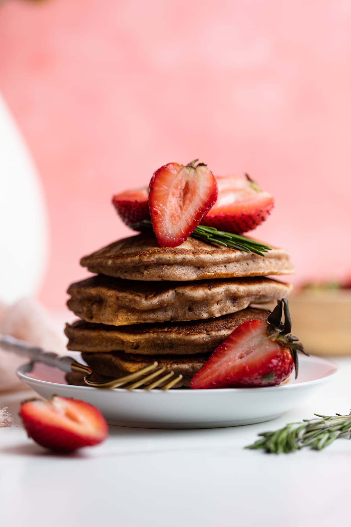 Stack of Whole Wheat Strawberry Pancakes.